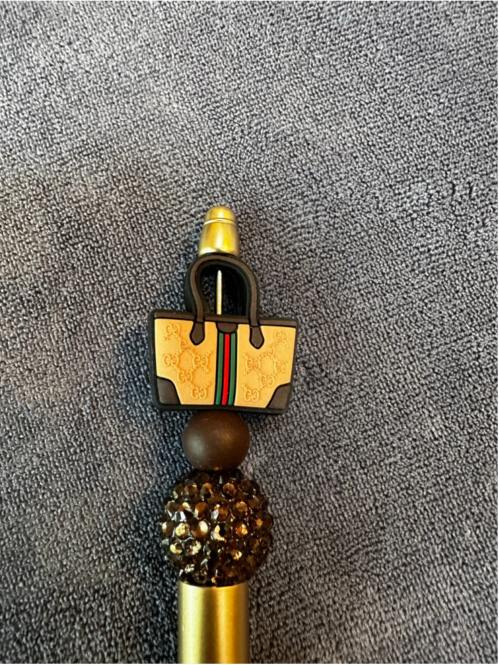 Fashion Handmade Beaded Gold and Brown Pen with Basket Purse Charm